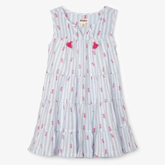 Hatley Girls Chambray Stripe & Pink Pineapple Tassel Tiered Dress, 4 - Picture 1 of 6